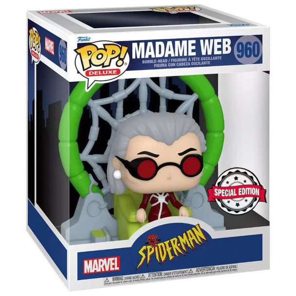 Image de la figurine POP Madame Web exclusive Marvel Spiderman montrant le dos et les textures fines du modèle FUNKO