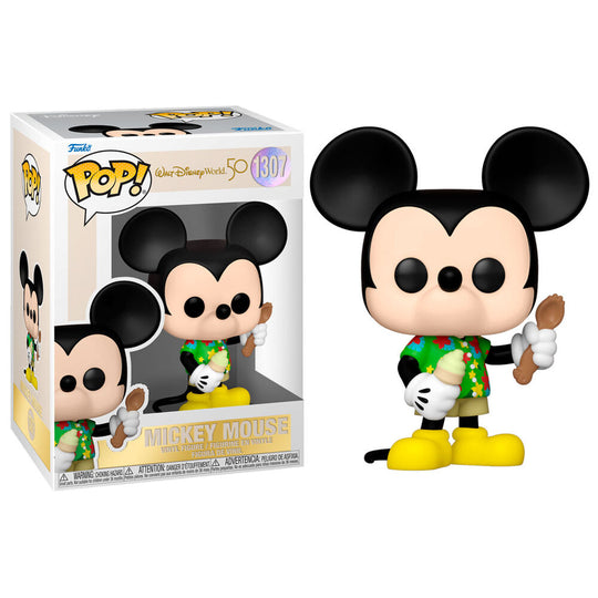 Vue latérale de la figurine Funko POP Mickey Mouse 50e anniversaire Walt Disney World, présentée dans sa boîte d'origine