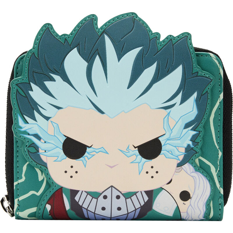 Vue avant du portefeuille Loungefly My Hero Academia Deku Infinity avec détails lumineux et fermeture zippée argentée