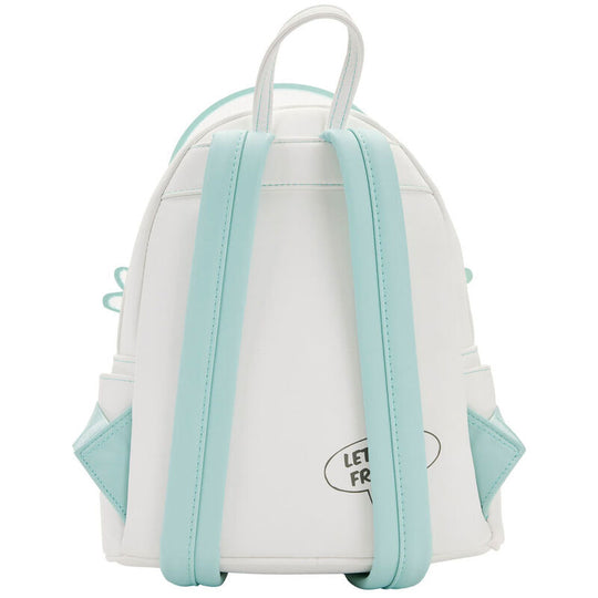 Zoom sur les fermetures éclair gunmetal et le charm zippé du sac à dos Casper Loungefly