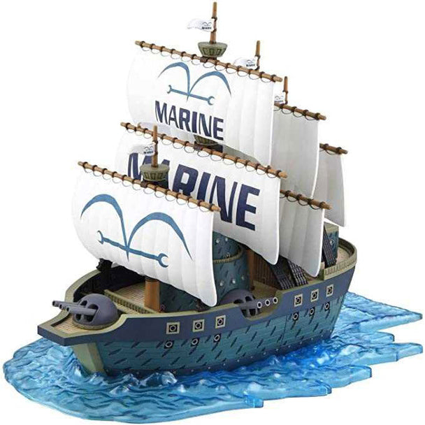 Maquette BANDAI HOBBY du bateau Marine One Piece assemblée, vue de face avec détails colorés et finition soignée