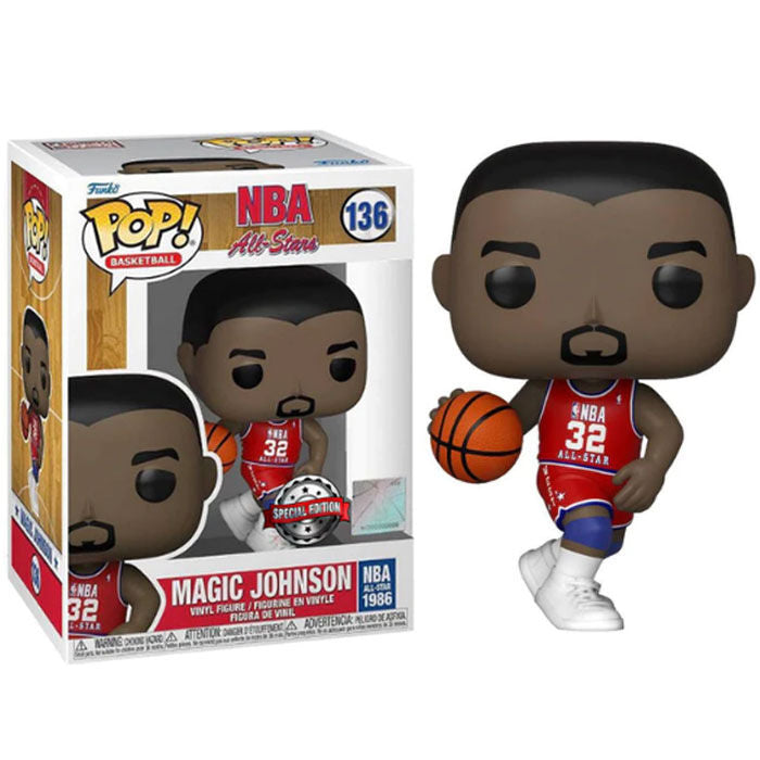 Vue rapprochée de la figurine Funko POP Magic Johnson montrant les détails précis du visage et du maillot