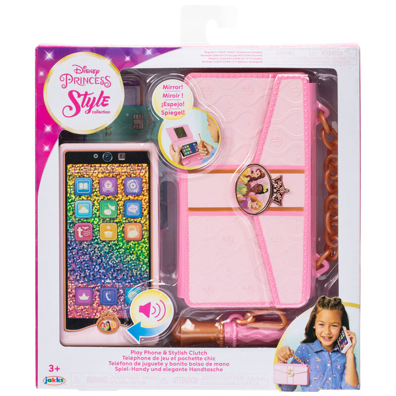 Téléphone jouet Disney Princesses avec boutons lumineux et sons intégrés, présenté sur fond blanc