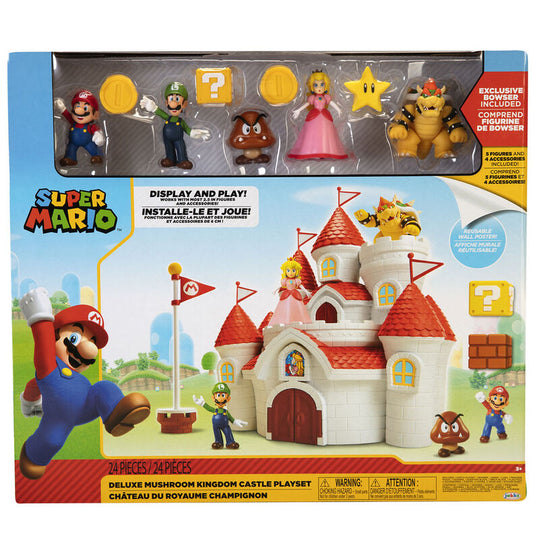 Vue d'ensemble du playset Super Mario Bros Château Mushroom Kingdom avec ses 24 pièces colorées et détaillées.