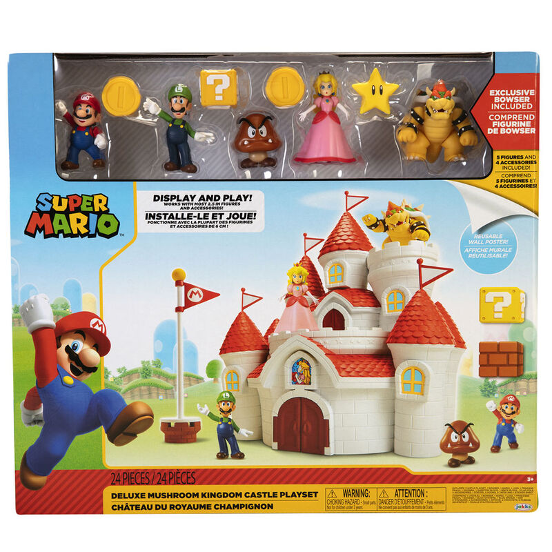 Vue d'ensemble du playset Super Mario Bros Château Mushroom Kingdom avec ses 24 pièces colorées et détaillées.