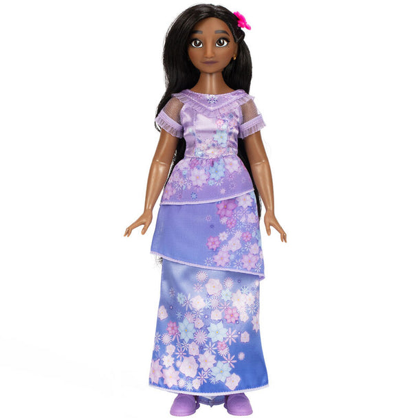 Détail de la poupée Isabela Disney Encanto montrant les finitions de sa tenue et accessoires