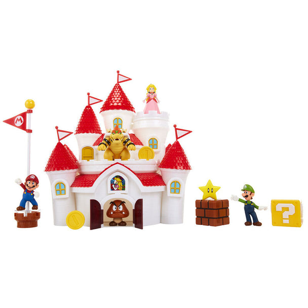 Détail des personnages et accessoires inclus dans le Château Deluxe pour des aventures interactives.