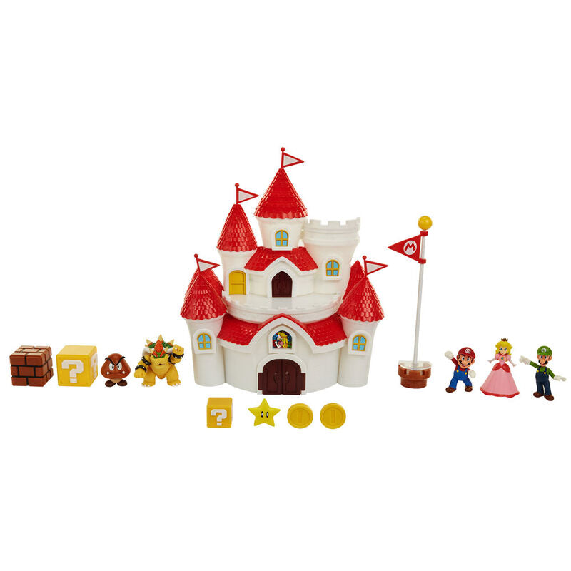 Mise en scène du château Mushroom Kingdom avec figurines Super Mario en pleine action ludique.