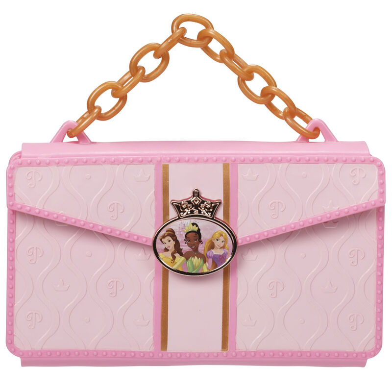 Vue d'ensemble du set Disney Princesses avec téléphone, sac, gloss jouet et cartes, prêt à être utilisé par les enfants