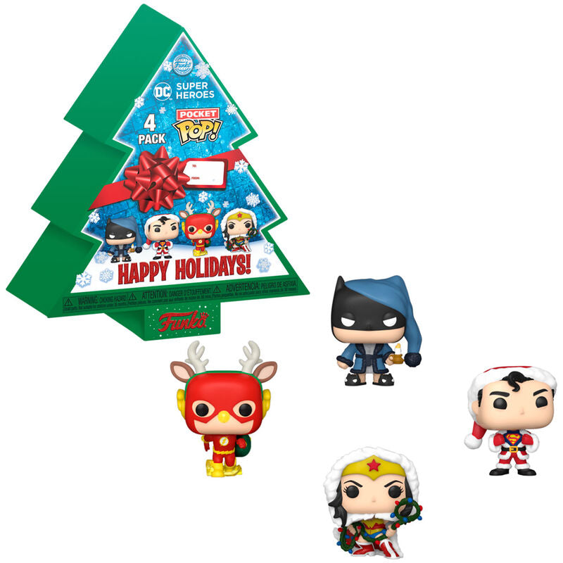 Ensemble des 4 figurines Funko Pocket POP DC Comics Happy Holidays exposées côte à côte