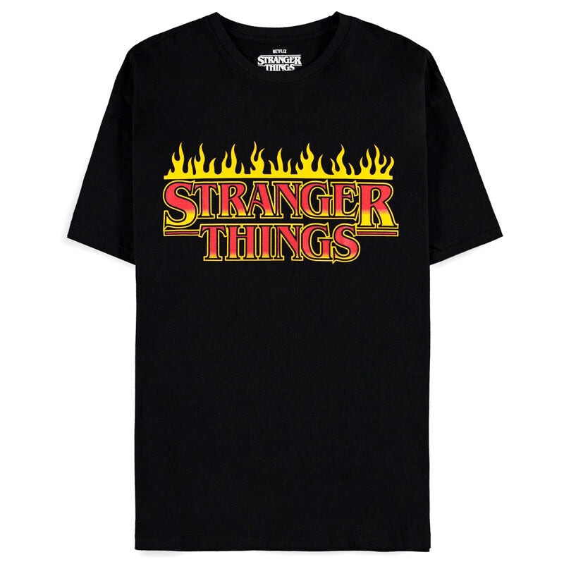 T-shirt Stranger Things Fire Logo en coton blanc vu de face avec logo rouge vif au centre