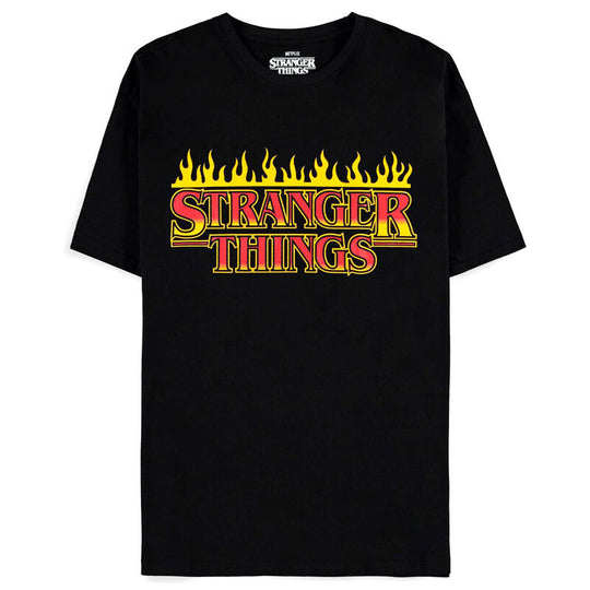 T-shirt Stranger Things Fire Logo en coton blanc vu de face avec logo rouge vif au centre