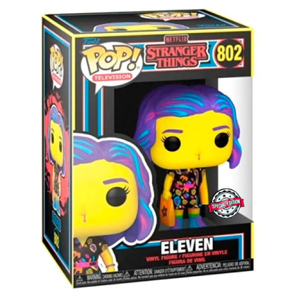 Figurine Funko POP d'Eleven en tenue centre commercial avec effet Black Light, vue de face