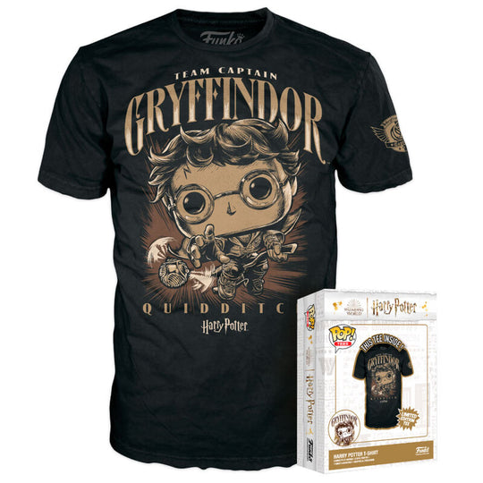 T-shirt FUNKO Harry Potter Quidditch taille S avec logo emblématique sur fond blanc, présenté sur mannequin.