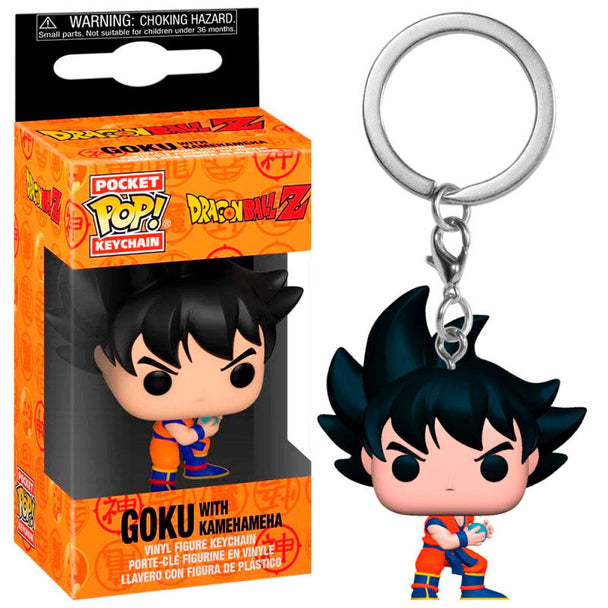 Détail du porte-clés FUNKO Pocket POP Goku avec Kamehameha, montrant les couleurs vives et les finitions précises