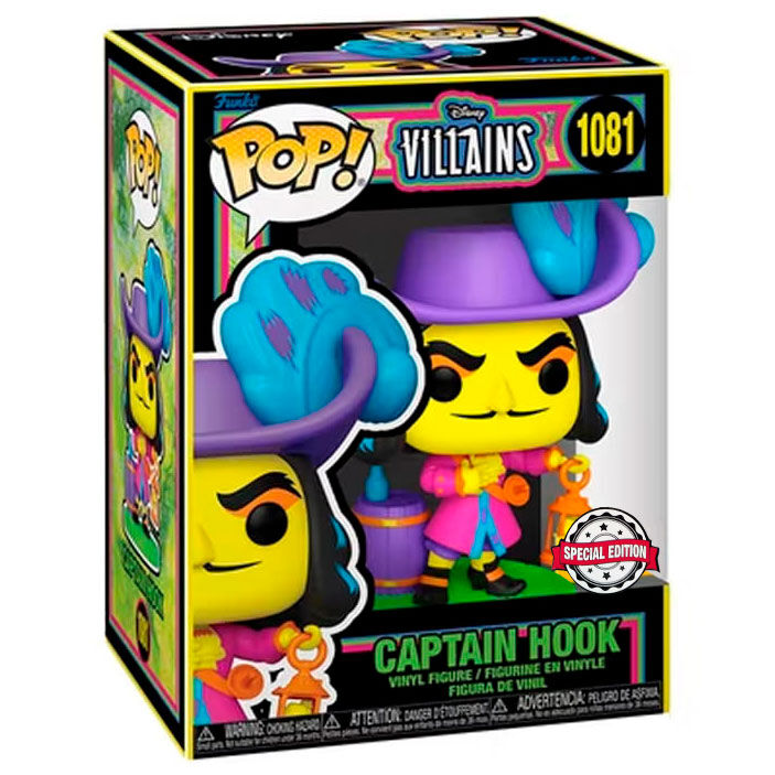 Figurine Funko POP Hook Disney Villains exclusive Black Light, vue de face avec boîte vitrée.