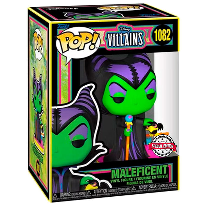 Figurine Funko POP Maléfique Disney Villains exclusive de 9 cm avec effet Black Light dans sa boîte cadeau à fenêtre