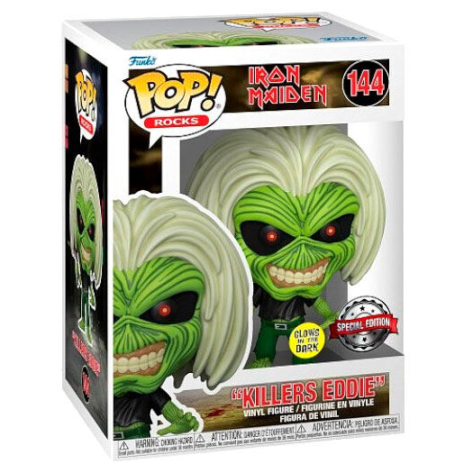 Figurine Funko POP Iron Maiden Killers exclusive de 9 cm dans sa boîte cadeau avec fenêtre transparente.