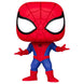 Vue rapprochée de la figurine Spiderman Funko POP avec détails du costume et finition vinyle