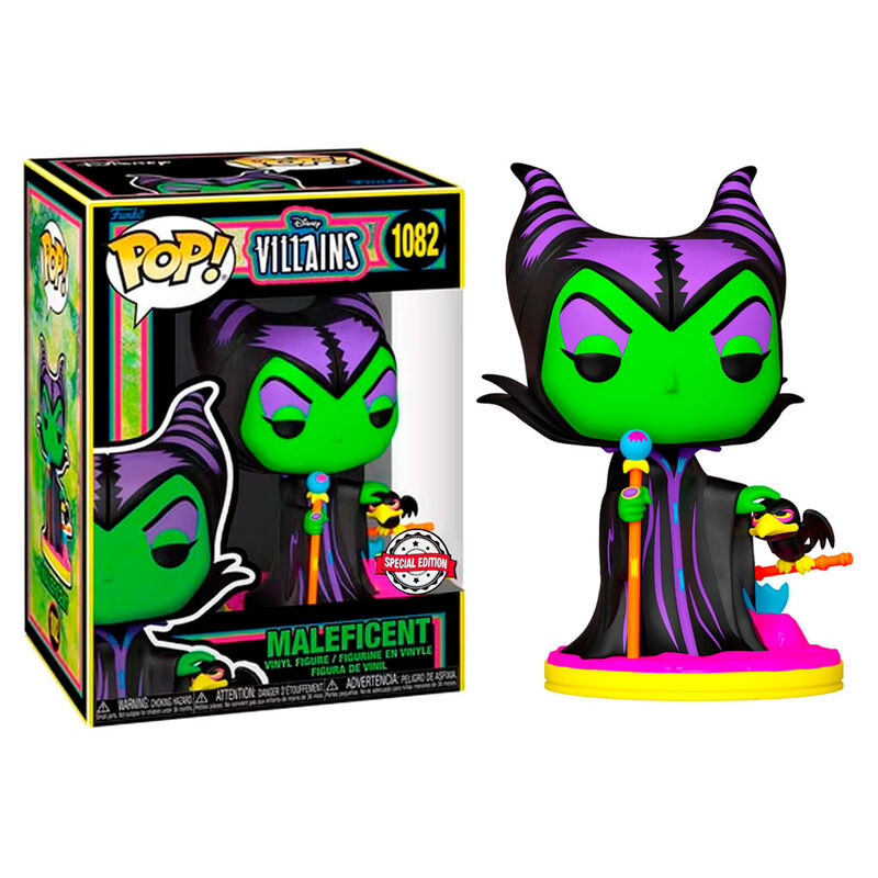 Emballage de la figurine Funko POP Maléfique Black Light Exclusive montrant la boîte cadeau avec fenêtre