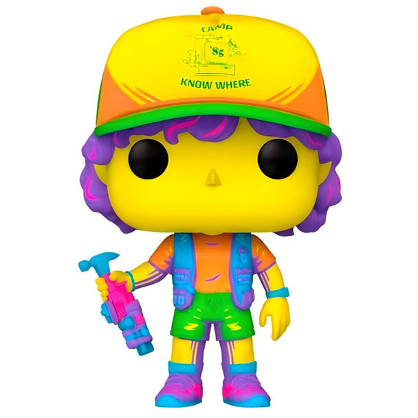 Figurine Funko POP Dustin Stranger Things édition Black Light de face dans sa boîte cadeau transparente