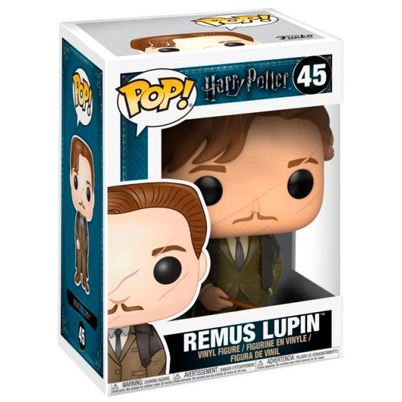 Détail de la figurine Remus Lupin Funko POP avec son costume emblématique et sa posture caractéristique, 9 cm