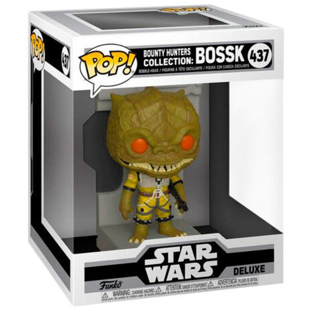 Vue latérale de la figurine POP FUNKO Bossk exclusive, mettant en avant ses armes et son costume iconique.