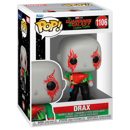 Packaging de la figurine Funko POP Drax des Gardiens de la Galaxie avec logo Marvel et FUNKO visible