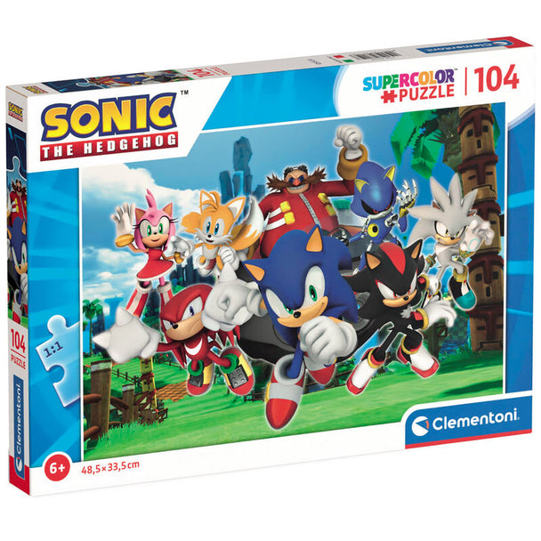 Image du puzzle Sonic The Hedgehog 104 pièces de CLEMENTONI, montrant la boîte et les pièces colorées prêtes à être assemblées.