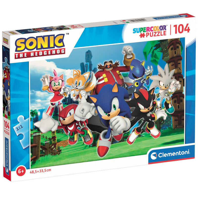 Image du puzzle Sonic The Hedgehog 104 pièces de CLEMENTONI, montrant la boîte et les pièces colorées prêtes à être assemblées.