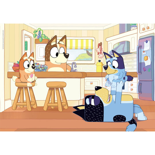 Boîte du puzzle Bluey 104 pièces de CLEMENTONI avec dimensions 48,5x33,5 cm visible