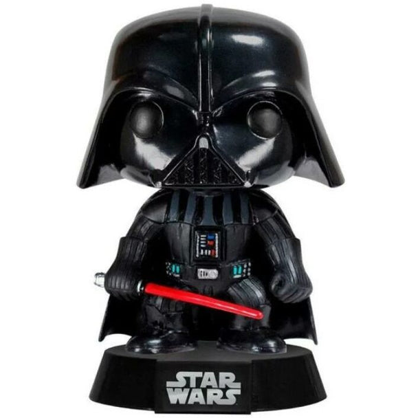Vue latérale de la figurine Pop! Darth Vader Funko, montrant les détails du costume et la tête articulée