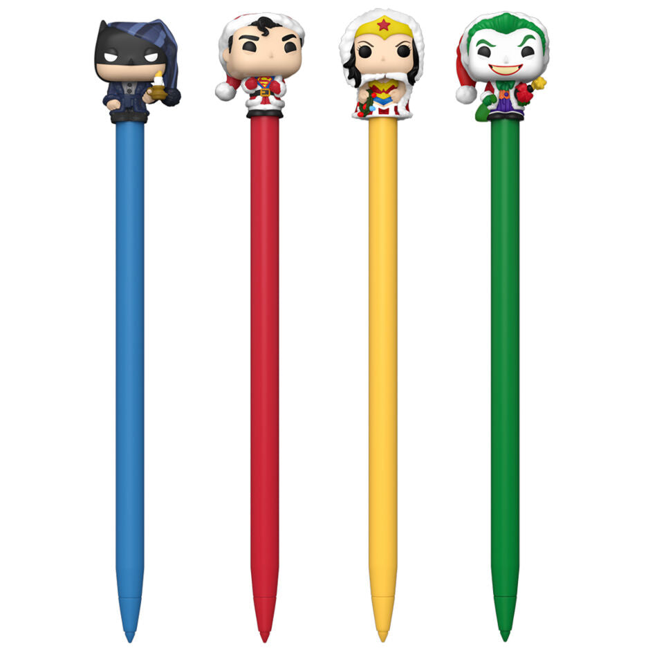 Lot de 16 stylos DC Comics FUNKO avec toppers Super Héros colorés sur fond blanc