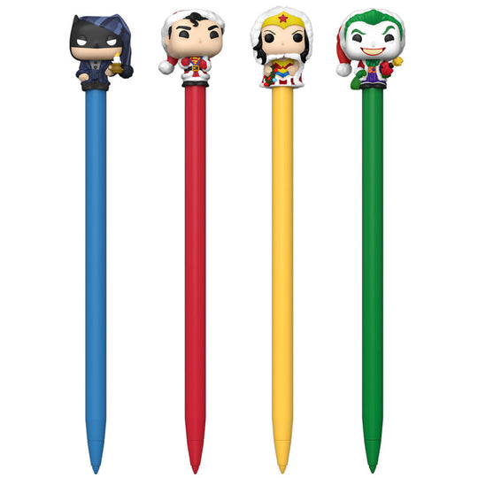 Lot de 16 stylos DC Comics FUNKO avec toppers Super Héros colorés sur fond blanc