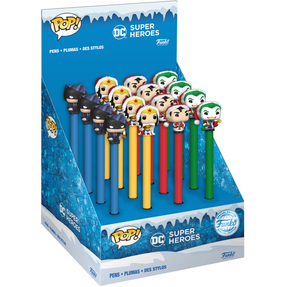 Gros plan sur un stylo FUNKO DC Comics avec topper Super Héros détaillé en gros plan