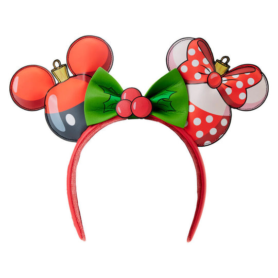 Vue de face du serre-tête Loungefly Disney avec Mickey et Minnie en tenue de Noël
