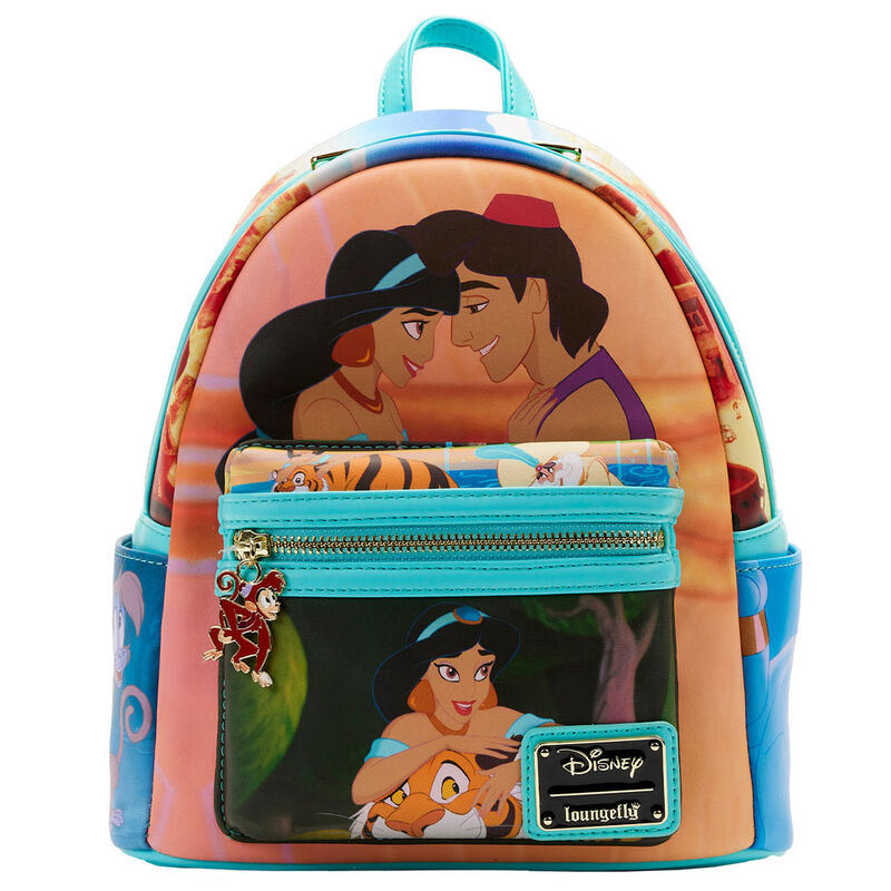 Sac à dos Loungefly Jasmine Disney Aladdin vue de face avec détails imprimés et charme émaillé