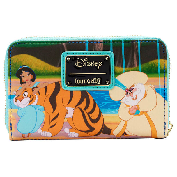 Portefeuille Loungefly Disney Jasmine Aladdin en cuir vegan avec fermeture éclair dorée vu de face