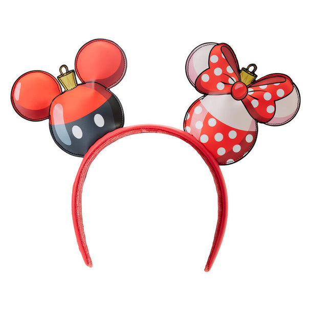Détail du serre-tête Loungefly montrant les oreilles de Mickey et Minnie décorées pour Noël