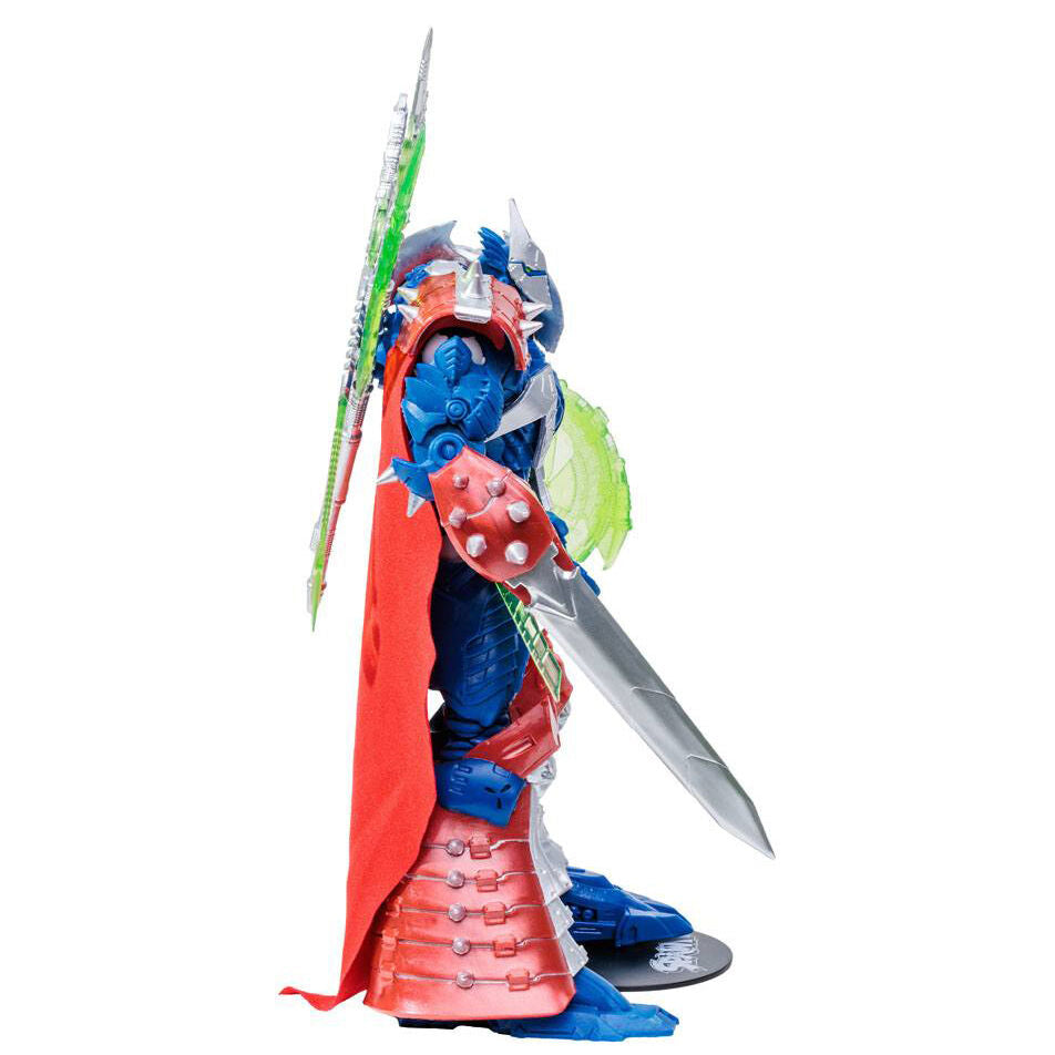 Vue latérale de la figurine Spawn avec ses accessoires exclusifs McFarlane Toys