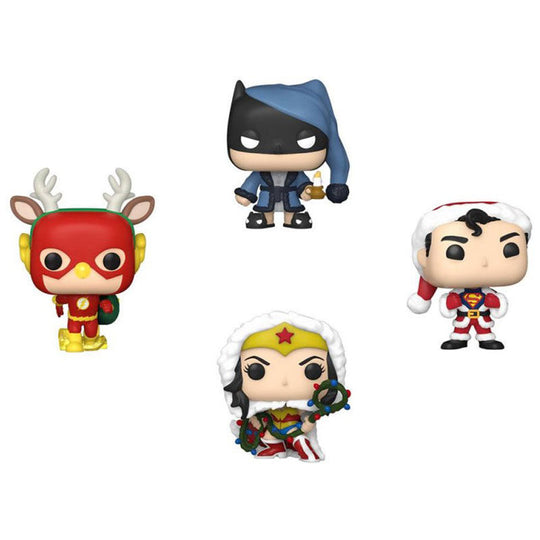 Vue rapprochée des figurines FUNKO Pocket POP DC Comics exclusives édition Tree Holiday