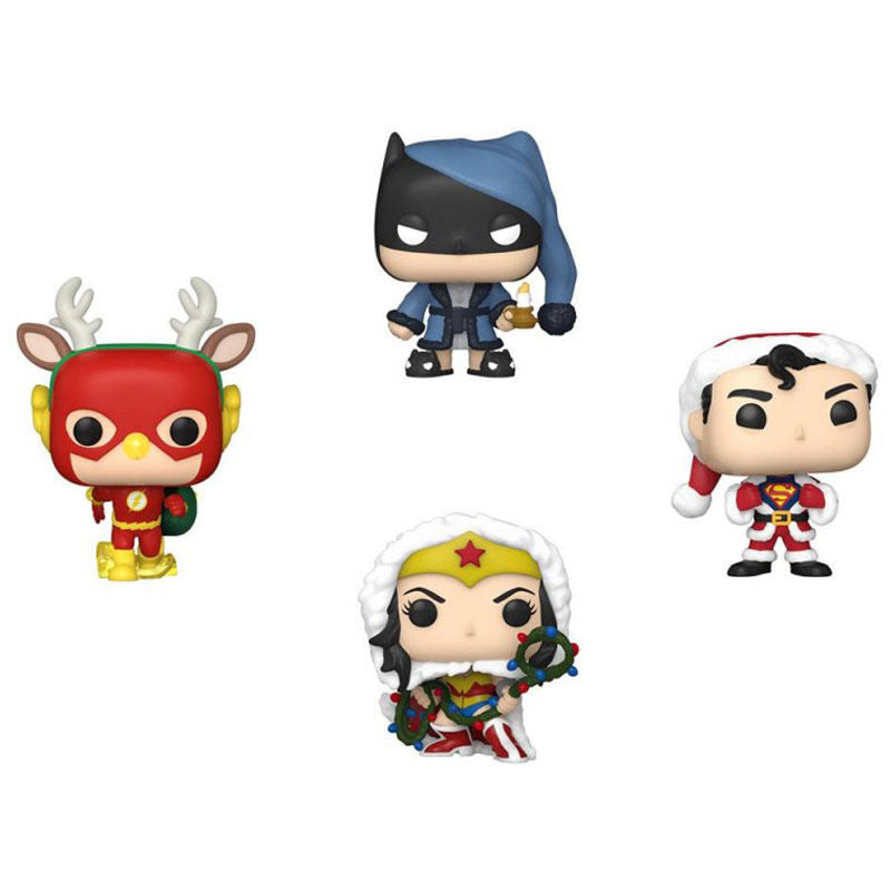 Vue rapprochée des figurines FUNKO Pocket POP DC Comics exclusives édition Tree Holiday