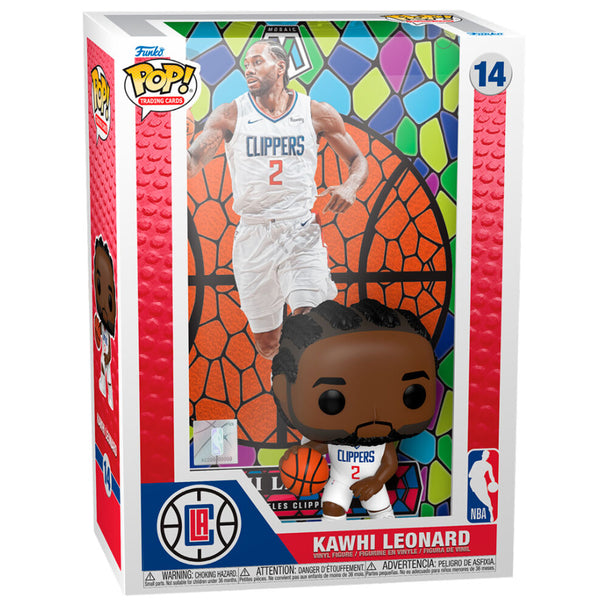 Vue latérale de la figurine Kawhi Leonard Funko POP montrant les couleurs jaune et violet des Lakers