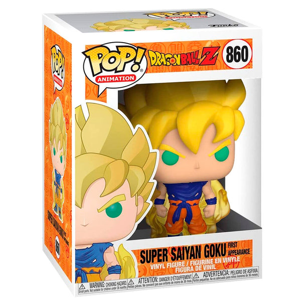 Vue latérale de la figurine Funko POP Dragon Ball Z Goku Super Saiyan montrant les détails du vinyle et la boîte collector