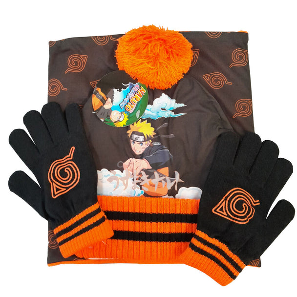 Set complet Naruto PIERROT comprenant snood, bonnet et gants, idéal pour les fans et l'hiver.