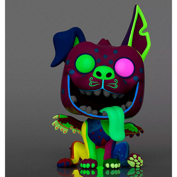 Vue latérale de la figurine Funko POP Alebrije Dante montrant ses couleurs vives et sa boîte fenêtre