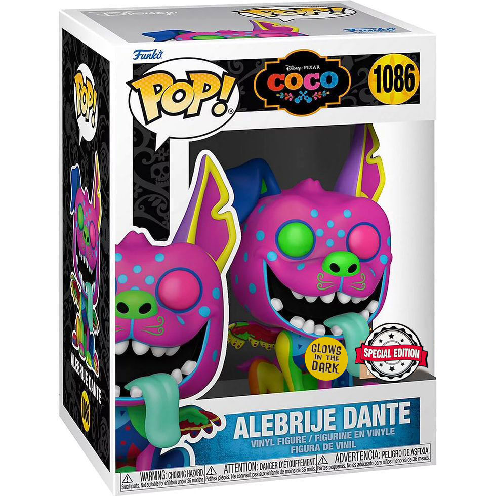 Figurine Funko POP Alebrije Dante Disney Coco éclairée dans le noir mettant en valeur son effet lumineux