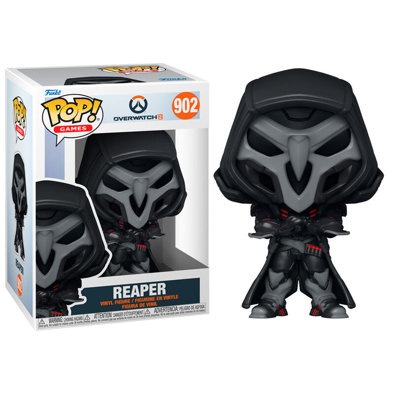 Vue latérale de la figurine Funko POP Reaper Overwatch 2 montrant les armes et le costume iconique du personnage