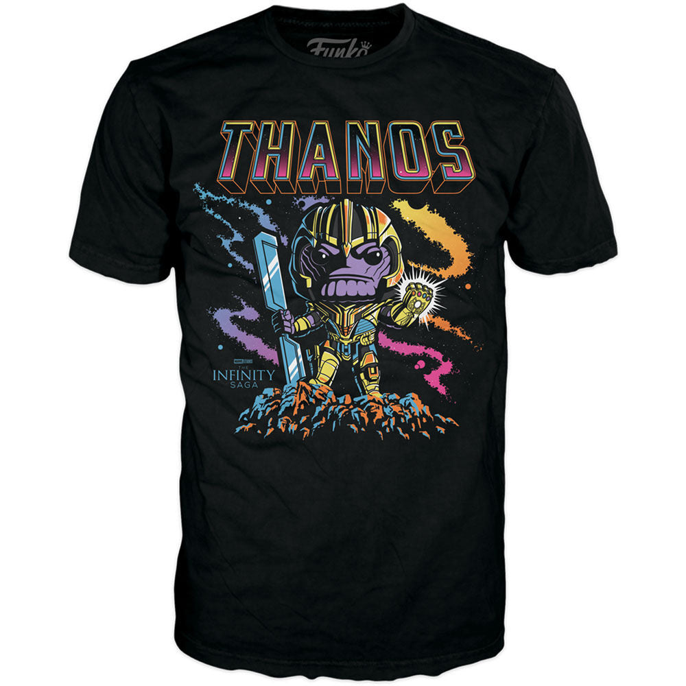 Packaging officiel du set Marvel Infinity Saga Thanos avec T-shirt et figurine Funko POP
