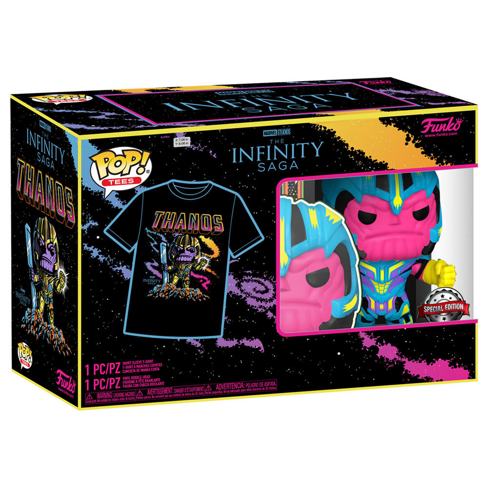 Zoom sur l'étiquette officielle Funko POP et Marvel sur la boîte du set exclusif Thanos